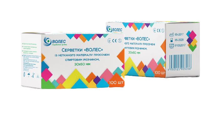 Серветки спиртові "Волес" 30x60 мм, просочені 70% ізопропиловим спирт. розч.